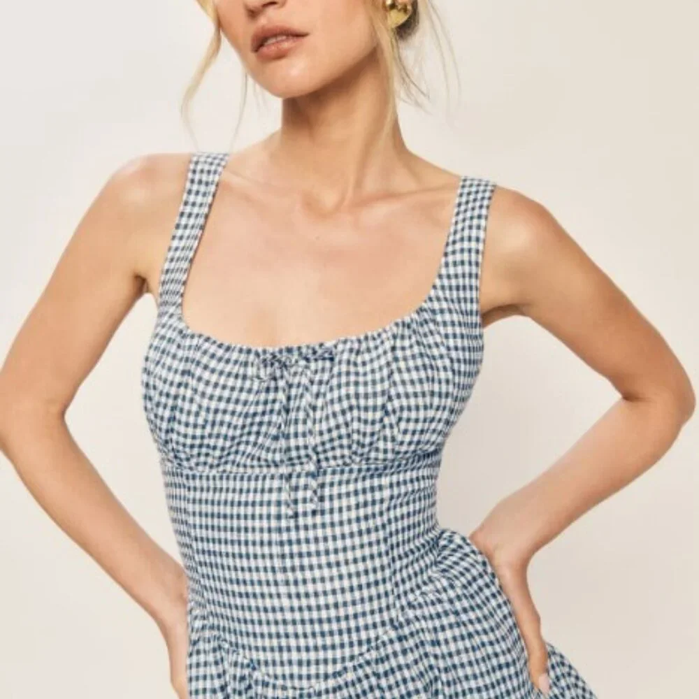Reformation Balia Linen Dress - Slate Check - Picture 4 of 8
